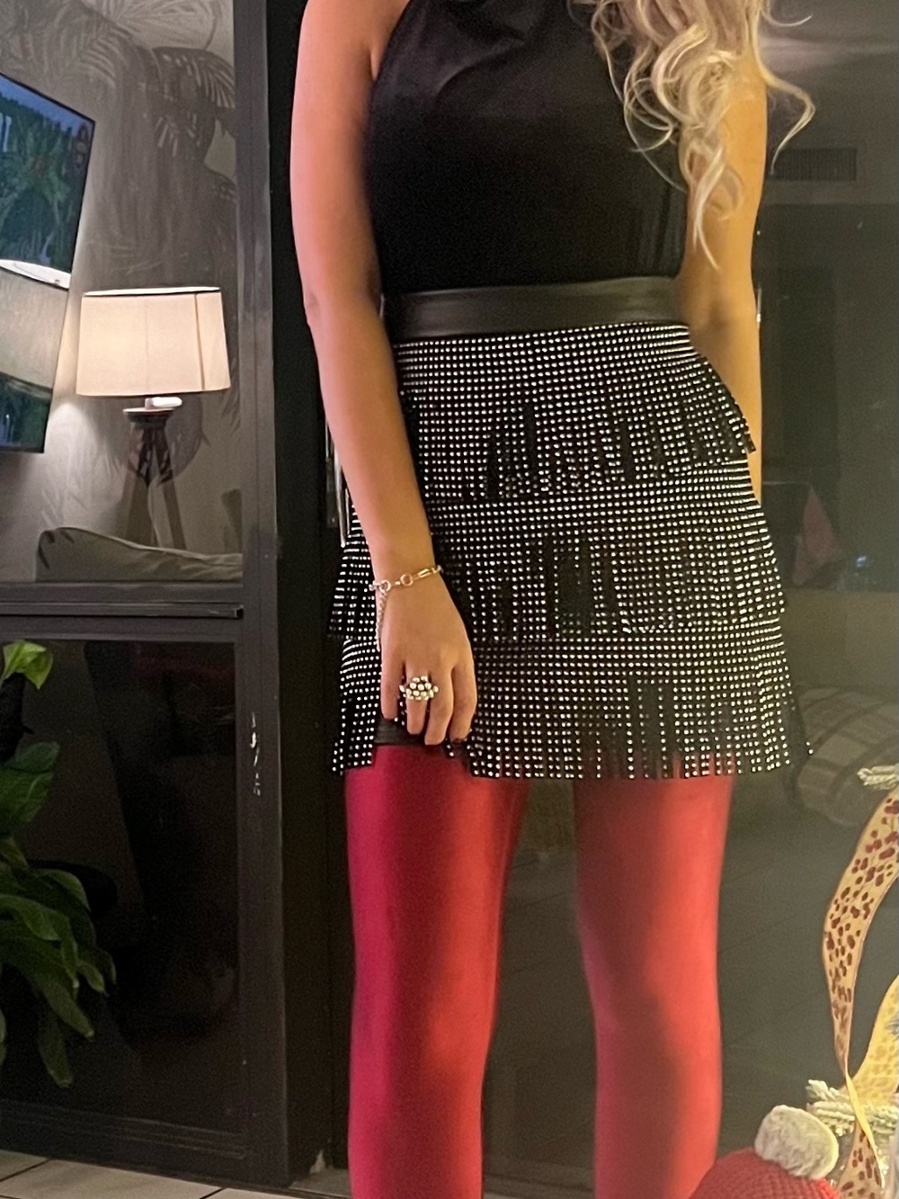 Black Fringe Mini Skirt with Stud Details